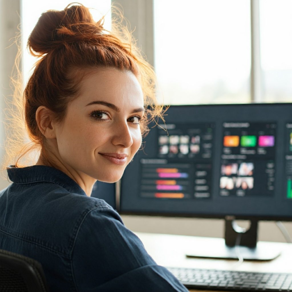 woman in front of a computer smiling